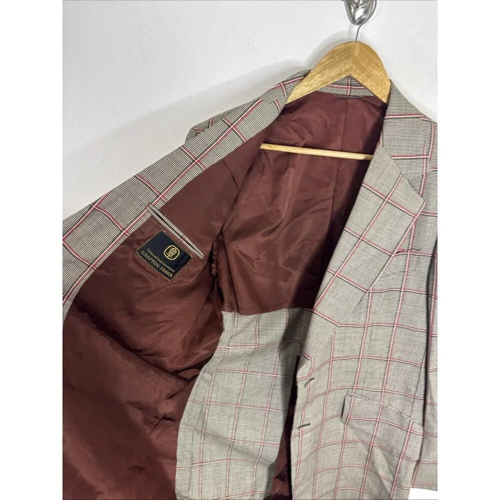 Vintage 70s 80s Men’s 40L Tall Wool Blazer Sport Coat Windowpane Plaid Retro Mod